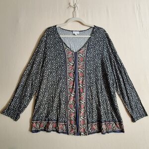 J. Jill | Soft Floral Print Long Sleeve V-neck Pullover Blouse | Size 2X